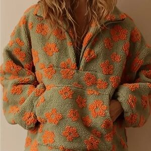 Urban Outfitters Floral Teddy Jacket - Olive and Orange